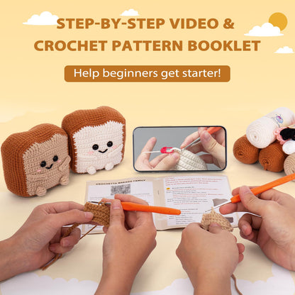 Crochetta Crochet Kit for Beginners, Amigurumi Crocheting Animals Kits w Step-by-Step Video Tutorials, Knitting Starter Pack for Adults, Jumbo 2 Breads Familly (40%+ Yarn Content)