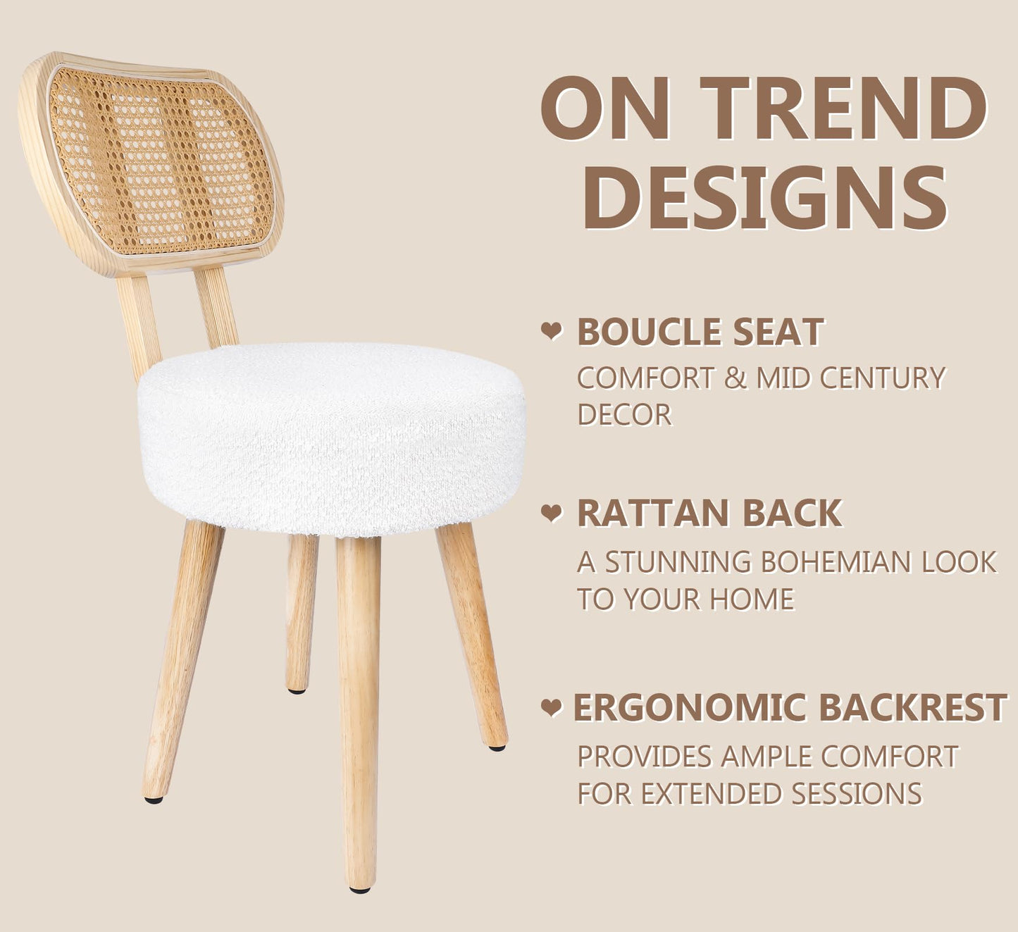 Rattan Dining Chair, Kitchen Dining Room Chairs, Mid Century Modern Boucle Chair, Stylish Upholstered Wood Accent Chair, Cute Sherpa Chair, Living Room Bar Stool Chair, Boho Makeup Vanity Chair, 1 Pc