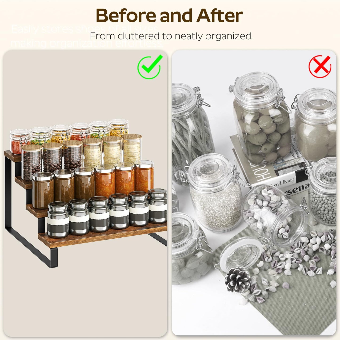 YATINEY Spice Rack, 4 Tier Wooden Display Riser Stand, Kitchen Storage Organizer for Spices, Versatile Display Shelf, Space Saving, for Kitchen Countertop and Cabinet, Rustic Brown SR04L2BR
