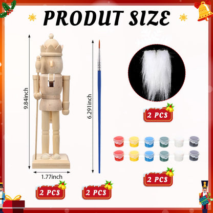 Hiboom 2 Set Christmas Unfinished Nutcrackers Wooden 9.84" Unpainted Nutcracker Figurines Ornament with Pigment, Paintbrush and White Beard, King Shape Figurines Blank for DIY Craft Xmas Decoration