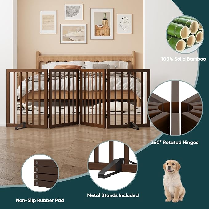 Freestanding Bamboo Wood Dog Gate Indoor, 4-Panel Pet Gates with 2 Stands and 360° Hinge for Doorways and Stairs, Puppy Gate for The House, Fully Assembled Safety Fence 74" W x 24" H - Black Walnut