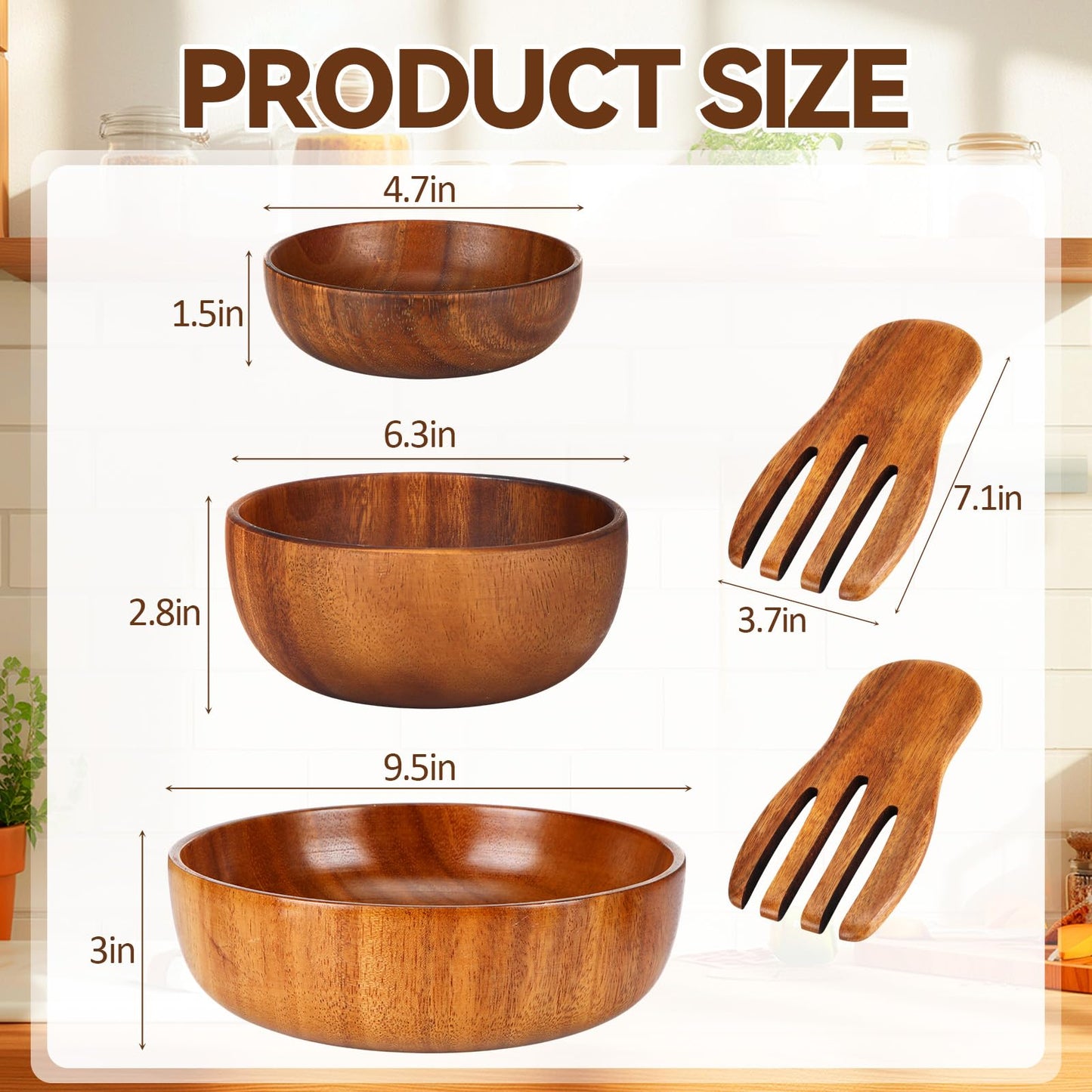 Hushee 5 Pcs Acacia Wood Salad Bowl Set 4.7" 6.3" 9.5" Wooden Mixing Bowls with 2 Wooden Hands Large Wood Serving Bowl with Serving Utensils for Kitchen Fruits Cereal Corn Flake Pasta Gift Giving