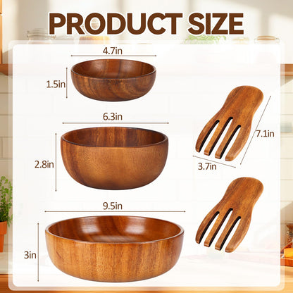 Hushee 5 Pcs Acacia Wood Salad Bowl Set 4.7" 6.3" 9.5" Wooden Mixing Bowls with 2 Wooden Hands Large Wood Serving Bowl with Serving Utensils for Kitchen Fruits Cereal Corn Flake Pasta Gift Giving
