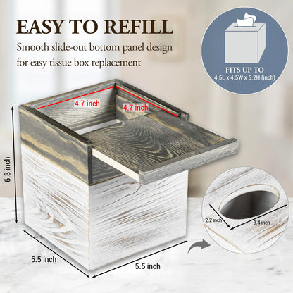 MyGift Coastal Chic Square Tissue Box Cover, Two-Tone Whitewashed Solid Wood Facial Tissue Box Dispenser Cover with Vintage Graywashed Base and Easy Slide-Out Bottom Panel, 5.5 x 5.5 x 6.3 Inches