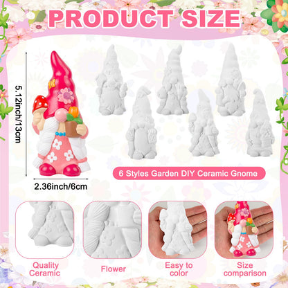 Arrowbash 6 Pcs Garden Ceramics to Paint Ready to Paint Your Own Gnome Statues 5.12 Wildflowers Theme Paintable Figurines DIY Unpainted Ceramics Plaster Crafts Kit with Brush Palette