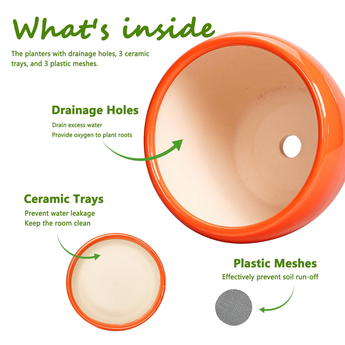 EPFamily Ceramic Planter - 10 Inch 8 Inch 6 Inch Plant Pot with Drainage Holes and Saucers, Round Planters for Indoor Outdoor, Modern Flower Pots, House Garden Room Decor, Gardening Gifts, Orange