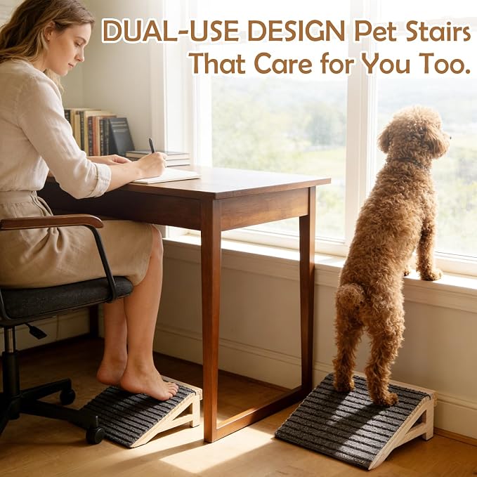 Wood Dog Ramp Stairs for Outdoor, Low Angle Dog Ramp for Stairs | 4.2"H, 2 Pack, ups to 170lbs, Premium Solid Wood, Anti-Slip Carpet Surface, Dog Stairs for Small Dogs, Footrest & Stretcher