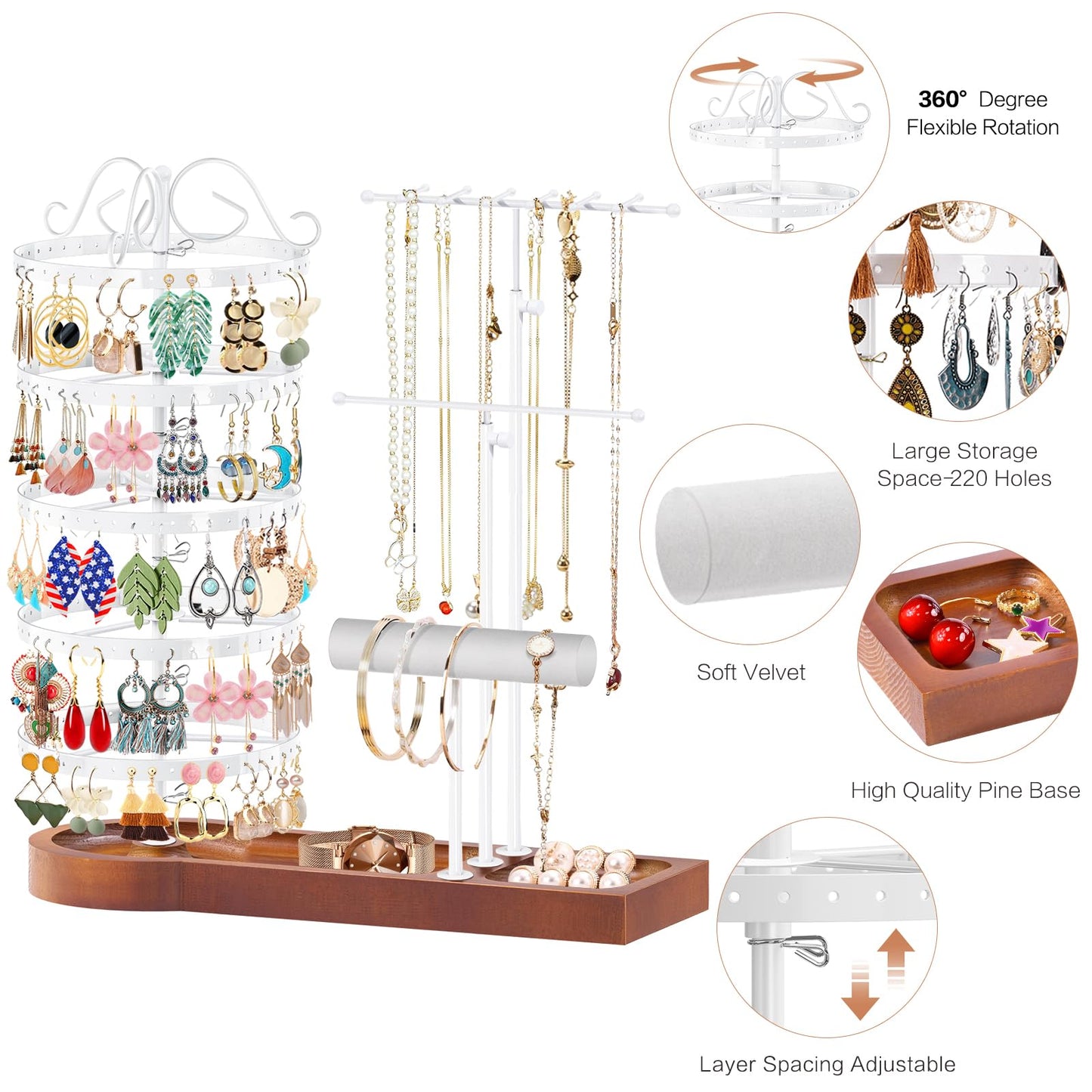 KALYLOC Jewelry Earring Holder Organizer, Adjustable 5 Tiers Rotating Earring Holder 3 Tier Necklace Holder with Wooden Base, Multi-Functional Jewelry Organizer Display Stand for Studs Bracelet Women