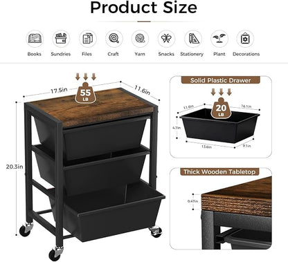 Rolling Cart with 3 Drawers, Plastic Drawer Storage Carts with Lockable Wheels & Wooden Tabletop, Metal Art Craft Utility Cart Organizer for Home Office Bedroom Dorm Bedside Classroom, Dark Black