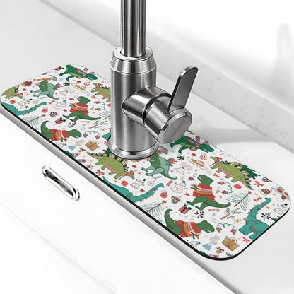 Dinosaur Christmas Happy New Year Kitchen Sink Splash Guard Faucet Mat Super