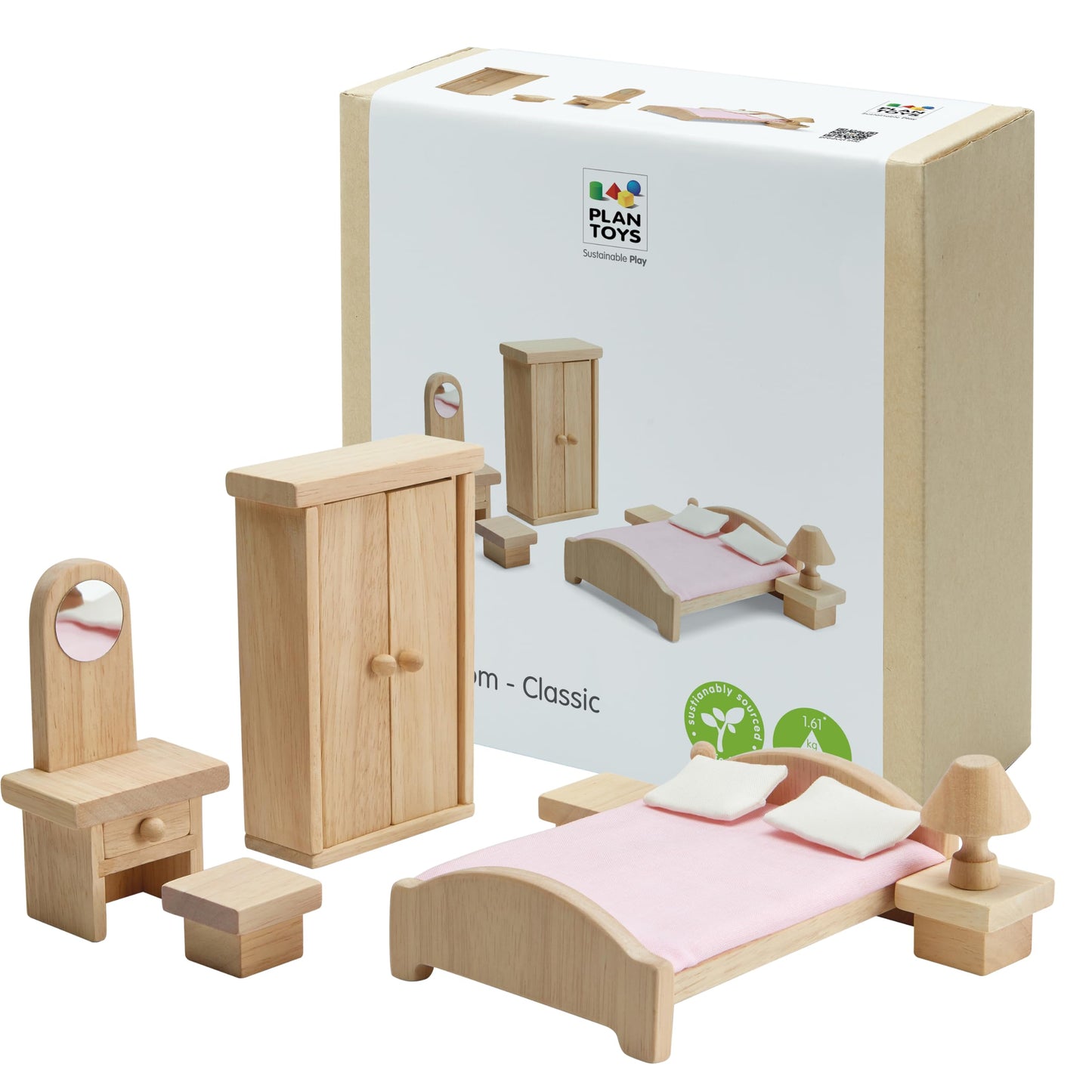 PlanToys® Classic Dollhouse Bedroom Furniture Set | Eco-Friendly Wooden Dollhouse Accessories for Kids | Includes Bed, Closet, Vanity, Chairs & Lamp | Pretend Play Montessori Toy