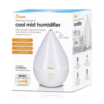 Crane Droplet Ultrasonic Small Air Humidifiers for Bedroom and Office, 0.5 Gallon Cool Mist Humidifier for Plants and Home, Humidifier Filters Optional, White