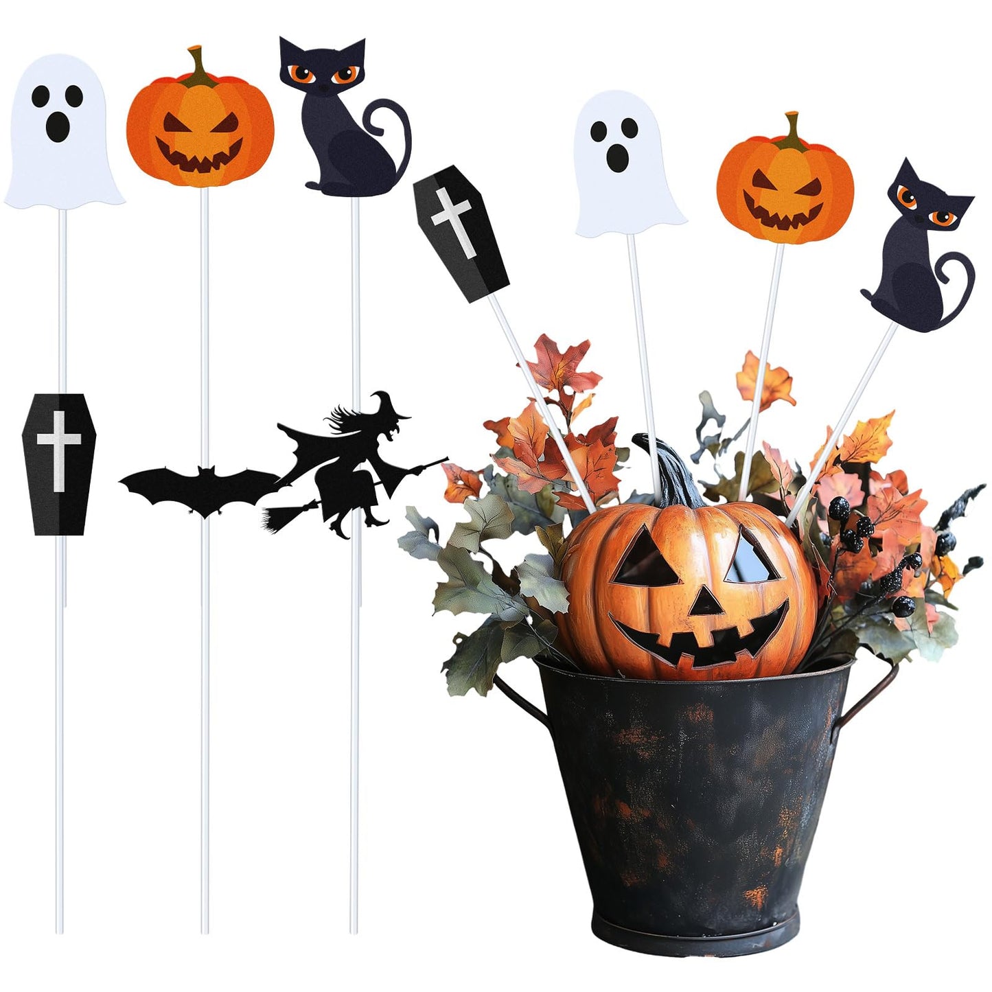 6 Pcs Metal Halloween Planter Stakes 13 Inch Halloween Props Potted Plant Decor Witch Pumpkin Black Cat Tombstone Boo Ghost Bat Garden Metal Stake Table Centerpieces Outdoor Yard Lawn Decorations