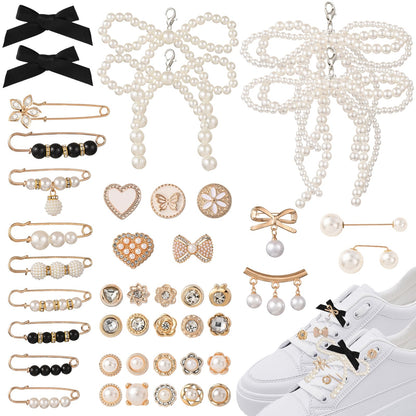 HUAAPLEVLA 44 Pcs Bling Shoe Charms for Sneakers Junk Socks Charms Kit Gold Brooches and Pins for Women Shoelace Charm for DIY Shoe Accessories and Personalizing Socks Clothes Hats Bags Decoration