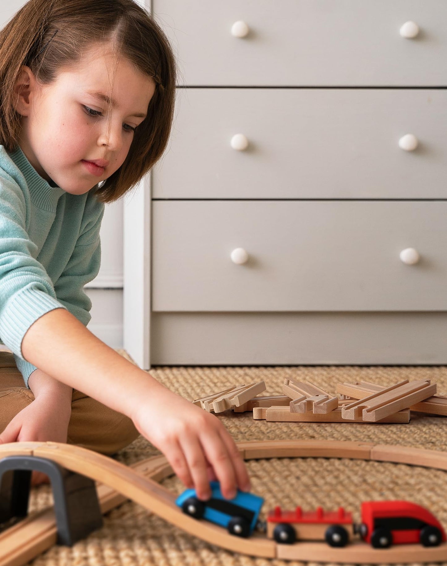 SainSmart Jr. Premium Wooden Train Track Set | 52-Piece Expandable 18FT Wood Railway System | Thomas & Brio Compatible with Storage Box | Ideal Gift for Kids 3-7