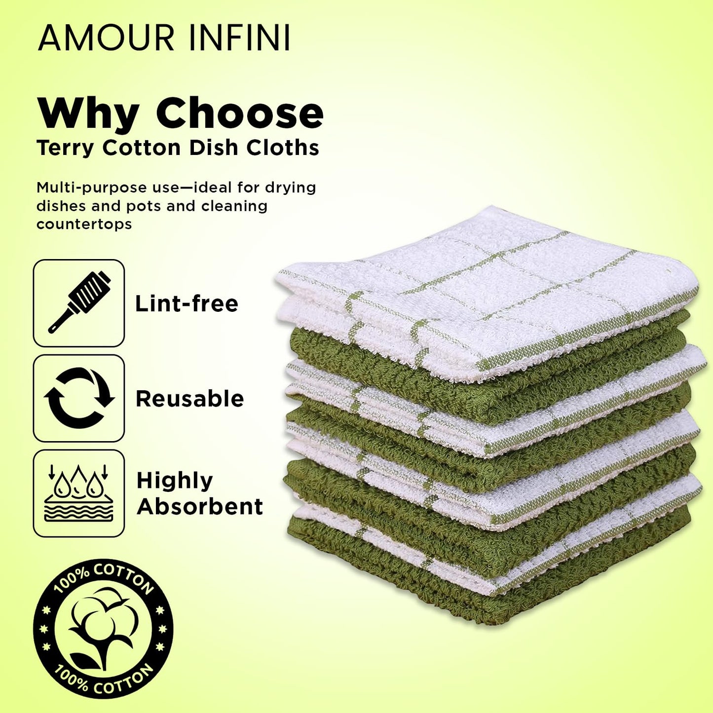 AMOUR INFINI Cotton Kitchen Dish Cloths Set of 8 – Highly Absorbent, Super Soft Premium Terry Cleaning Cloth (12"x12" Inch) Premium Dishcloths for Washing Dishes (Green)