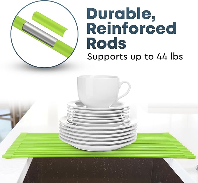 Zulay Kitchen Large Roll Up Dish Drying Rack - Heavy Duty Silicone Wrapped Steel Rods Over Sink Dish Drying Rack - Versatile Roll Up Sink Drying Rack & Trivet - Green,20.5 inches x 13 inches