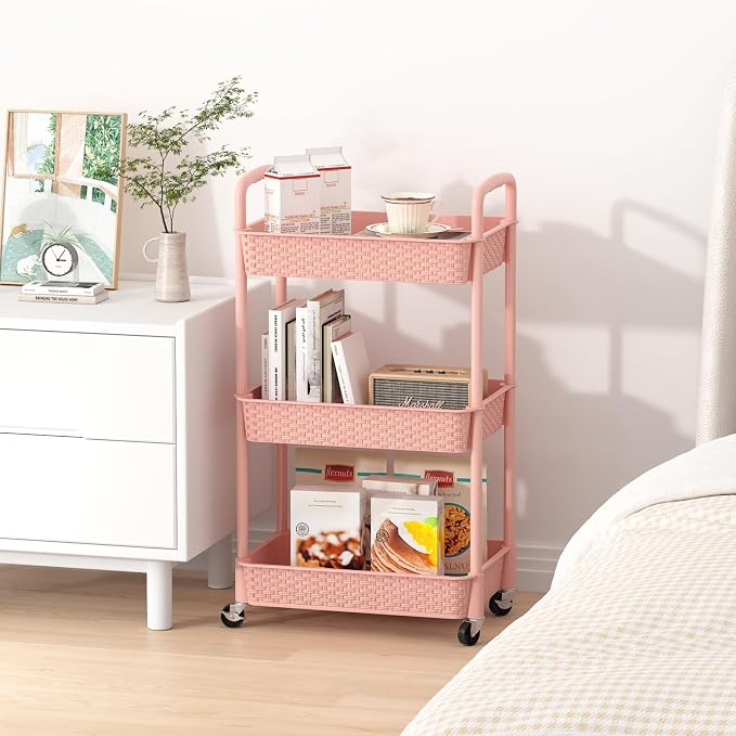MOYIPIN 3-Tier Plastic Rolling Utility Cart with Handle,Utility Storage Cart for Office, Living Room, Kitchen,Movable Storage Organizer Shelves,Pink