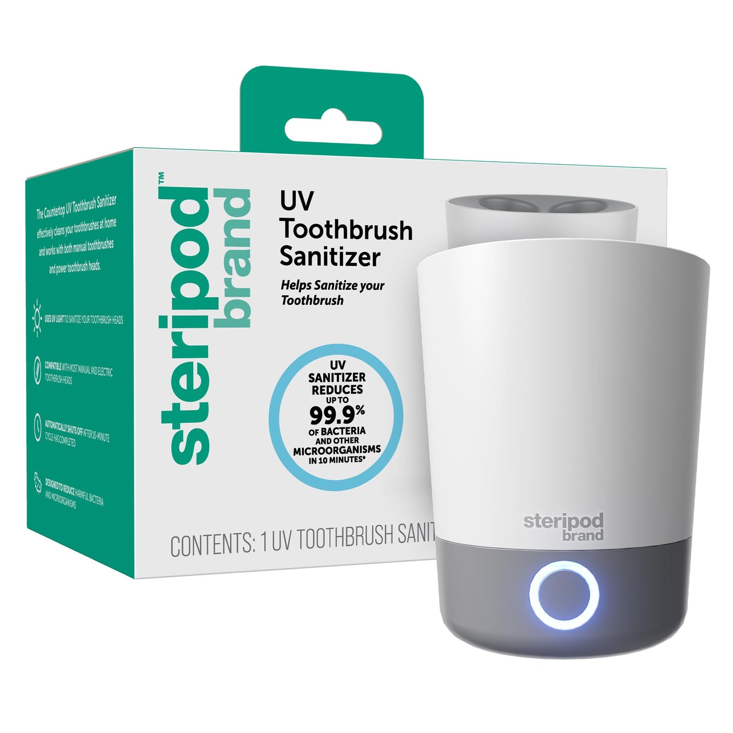 Steripod Brand UV Home Countertop Toothbrush Sanitizer, Reduces Harmful Microorganisms, Toothbrush Holder and Cleaning Station, Holds Four Toothbrushes
