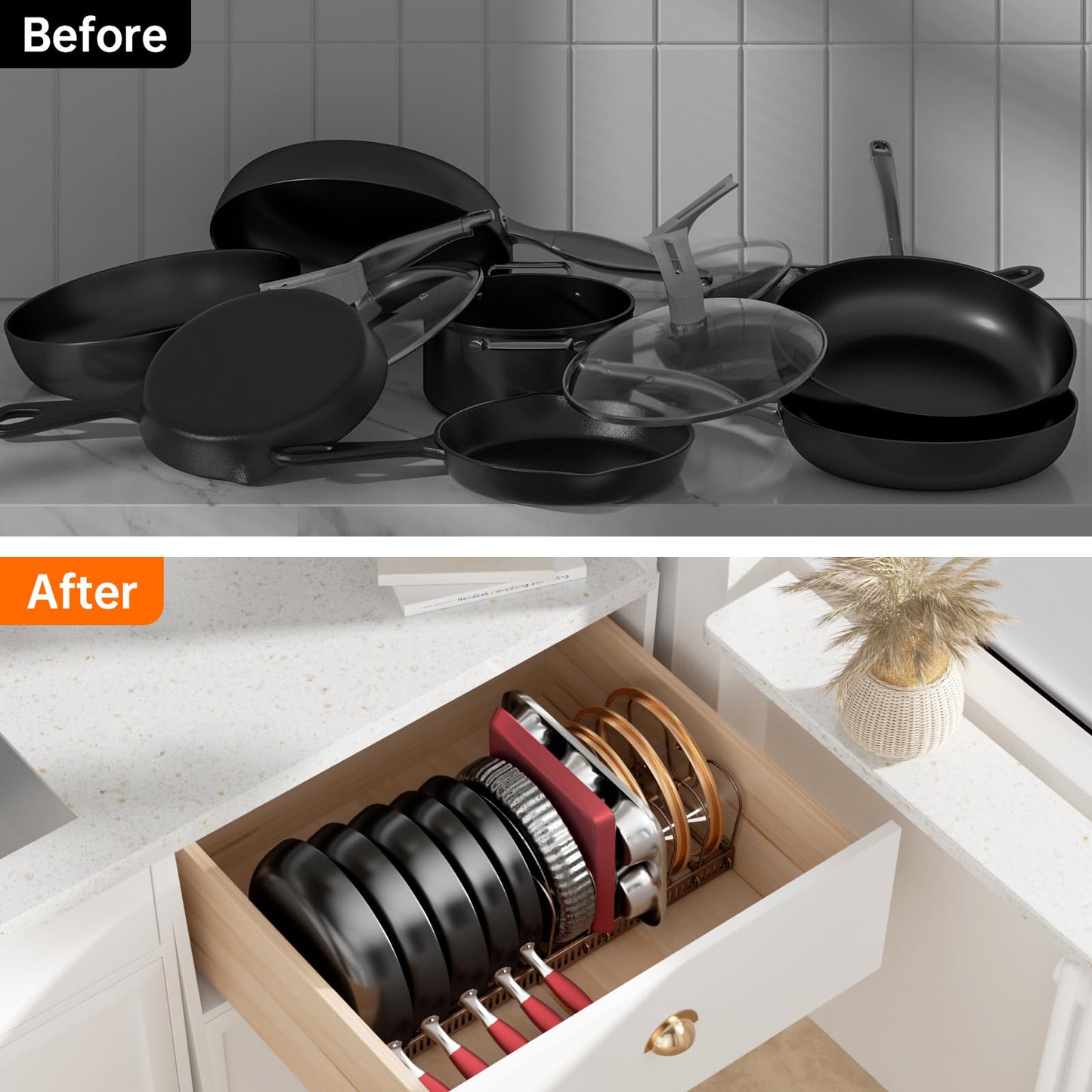 MUDEELA Pots and Pans Organizer Rack for under Cabinet, Expandable 11.81''-22.85'' Pot Lid Kitchen Cabinet Organizer Holder with 10 Adjustable Compartment Cutting Board Organizer for Pan Lid, Bakeware