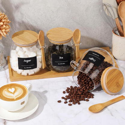 Suclain 3 Pcs Glass Coffee Container with Wooden Lid Spoon Tray Shelf Labels Clear Airtight Glass Jar Storage Container Set for Coffee Beans Tea Leaves Grains Dried Fruits Sugar Spice(28oz)