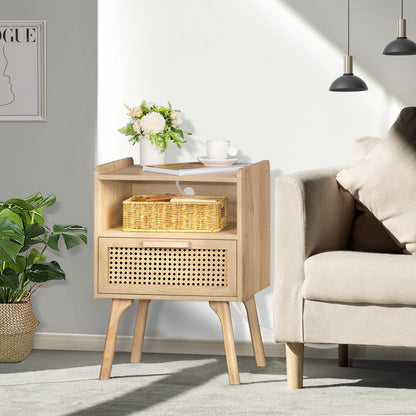 Lerliuo Rattan Nightstand with Charging Station, Boho Side Table with Drawer Open Shelf, Cane Accent Bedside End Table for Bedroom, Dorm and Small Spaces