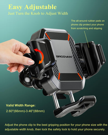 BRCOVAN Anti-Theft Motorcycle Phone Mount with Vibration Dampener, [1s Lock] [Camera Friendly] Handlebar Cellphone Holder for Bike Bicycle Scooter ATV, Adjustable Size Fit 5.4-7.2" Smartphone