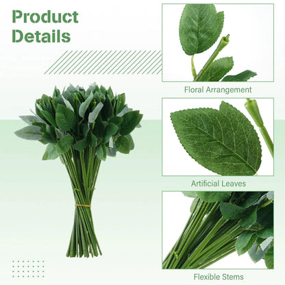 CDOKY 50 Pcs Rose Stems with Leaves & 50 Pcs Flower Calyxes Set, Fake Flower Stems Artificial Flower Sepals, Floral Arrangement Supplies, DIY Artificial Flowers Tools for Bouquet Wedding Party