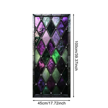 IVN Privacy Window Film Stained Glass Window Cling Purple and Green Diamond Design Decorative Static Cling Window Sticker for Bathroom Kitchen Entry Door 17.7 x 39.3 Inch