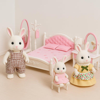 OLEOCA Family Dollhouse Bedroom Set — Bed, Pillows & Bedspread, Vanity with Mirror, Nightstand, Floor Mirror, Chair, Lamp, Coat Rack & Hangers — Dollhouse Furniture & Accessories for Ages 3+
