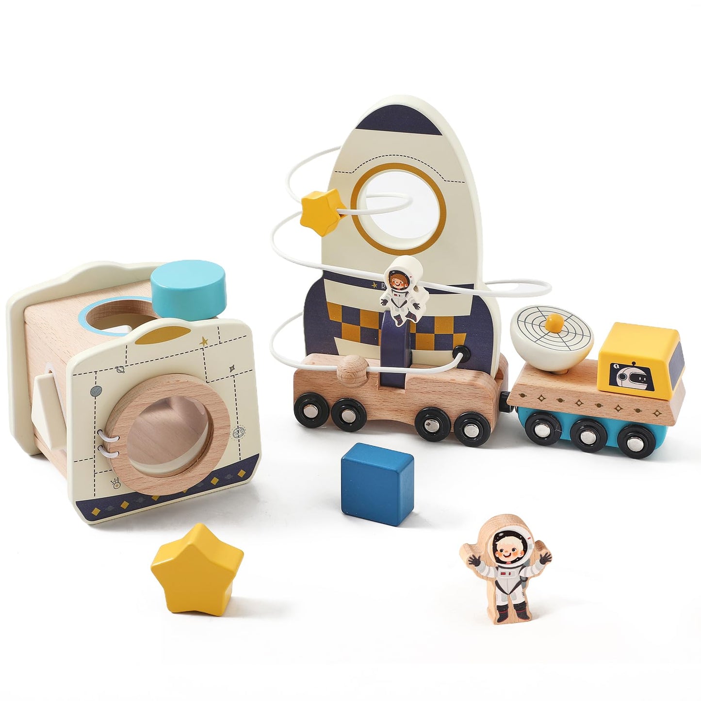 ibwaae Wooden Rocket Space Toy Set for Toddlers 1-3, Montessori Shape Sorter and Stacking Activity with Magnetic Car, Fine Motor Skills Learning Toy, First Birthday Gift for Boys Girls