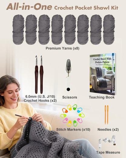 Arborthread Crochet Kit for Beginners, Easy All-Season Pocket Shawl & Scarf Crochet Kit for Adults w/Ample Premium Yarn to Fit Different Sizes, Step-by-Step Video & Instructions, Grey