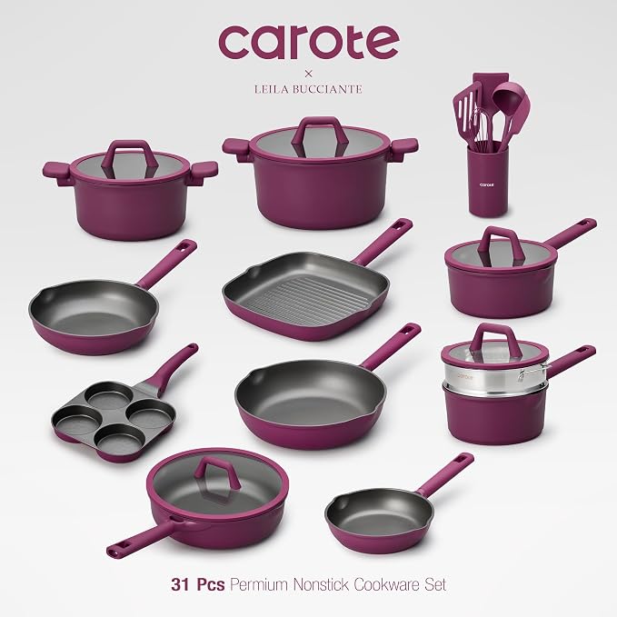 CAROTE 31PCS Pots and Pans Set, Nonstick Cookware Set Kitchen Non Stick Induction Cookware Non-toxic Granite Cooking set, PFOA Free