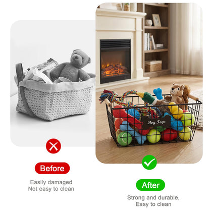 Bromjavol 2-piece Metal Dog Toy Basket with Wooden Handles, Indestructible Dogs Toy Storage Bin, Dogs Organizer Box for Living Room-Chew Proof-Ideal for Outdoor and Indoor-Black