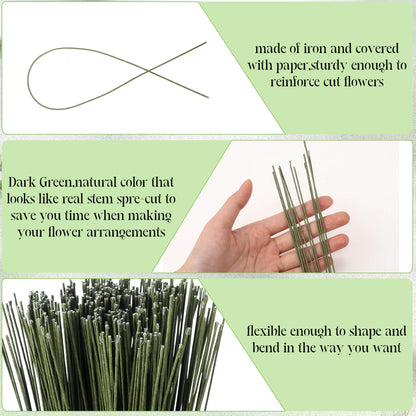 Ferraycle 600 Pieces 18 Gauge Green Floral Wire Stems for DIY Crafts, 16 Inch Floral Paper Wrapped Wire for Christmas Garland and Flower Arrangements(Dark Green)