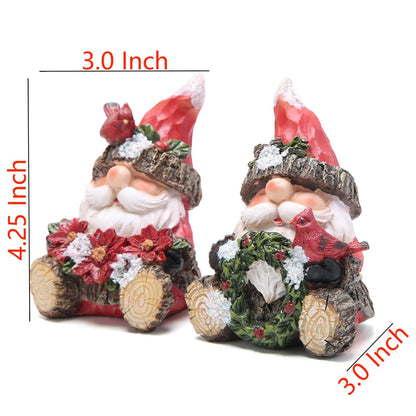 Hodao Christmas Santa Gnome Figurines, Set of 2 – Red Hat Woodland Gnomes with Cardinal, Poinsettia Bouquet & Holiday Wreath – Winter Decor & Gift for Tiered Tray, Mantel, Tabletop, Windowsill