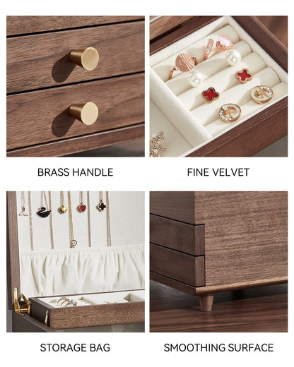 Homruilink Wooden Jewelry Box, 3 Layer Large Jewelry Organizer for Women, Jewelry Storage, for Necklaces Rings Earring Watches Bracelets, Black Walnut Wood, Fathers Day Gift