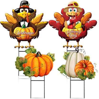 Quzzil 4 Pcs Thanksgiving Turkey Metal Yard Decorations Outdoor Pilgrim Turkey Decorative Garden Stakes With Stakes Large Fall Pumpkin Yard Sign for Thanksgiving Autumn Farmhouse Patio Outdoor