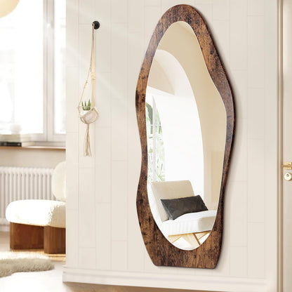 FEUFOAM Full Length Mirror 59" x 24" Irregular Wall Mirrors Wood Framed Full Body Mirror Hanging or Leaning Against Wavy Floor Mirrors for Living Room Bedroom Entryway Bathroom Retro Brown
