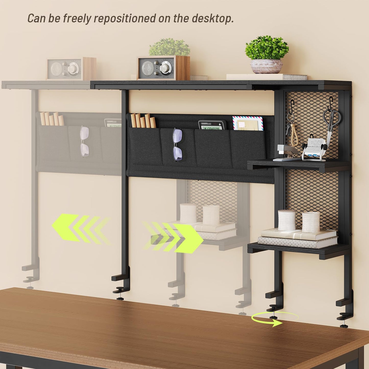 STHYTON Clamp On Desk Shelf, 3-Tier Above Desk Extender with Pegboard & Hooks, Metal & Wooden Desktop Bookshelf & Organizer, Tabletop Storage Rack for Office Accessories, 38.3" W x 33" H, Black