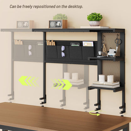 STHYTON Clamp On Desk Shelf, 3-Tier Above Desk Extender with Pegboard & Hooks, Metal & Wooden Desktop Bookshelf & Organizer, Tabletop Storage Rack for Office Accessories, 38.3" W x 33" H, Black