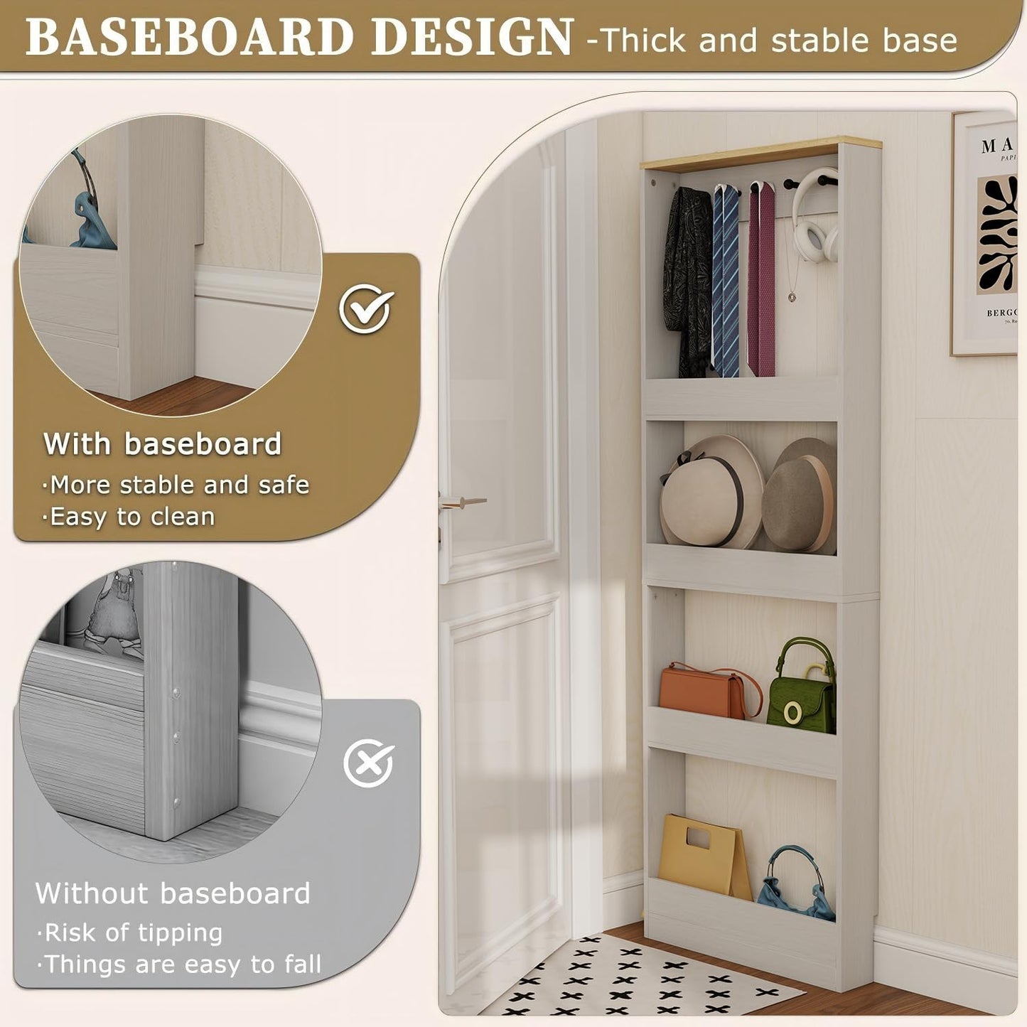 Locsear Behind the Door Bookshelf - Ultra Slim Hidden Storage Cabinet for Kids Room | 4-Tier White Wooden Bookcase with Hooks
