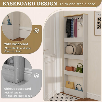 Locsear Behind the Door Bookshelf - Ultra Slim Hidden Storage Cabinet for Kids Room | 4-Tier White Wooden Bookcase with Hooks