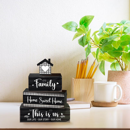 4 Pcs Sweet Home Table Decoration,Our Life Story Home Wooden Block Signs,Farmhouse Table Centerpiece for Living Room Entryway Table Mantel Kitchen Counter Decor
