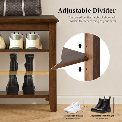 Taitiy Shoe Bench Storage Rubberwood, Entryway Bench with 3-Tiers Height Adjustable, Shoe Rack Front Door Entrance Organizer for Hallway Living Room, Mudrooms, Walnut,31.5"
