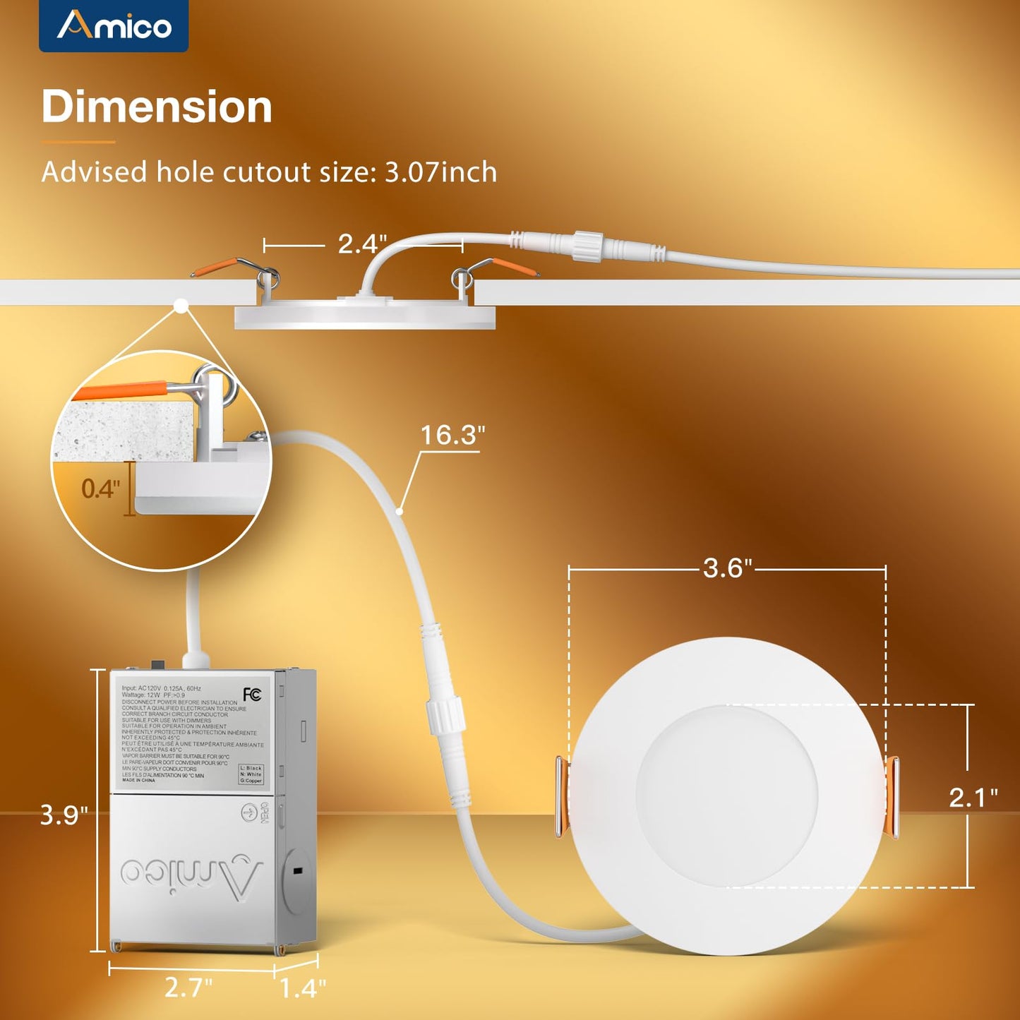 Amico 12 Pack 6 Inch 5CCT LED Recessed Ceiling Light with Night Light, 2700K/3000K/3500K/4000K/5000K Selectable Ultra-Thin Lighting, 12W=110W, 1100LM, Dimmable Canless Wafer Downlight ETL&FCC