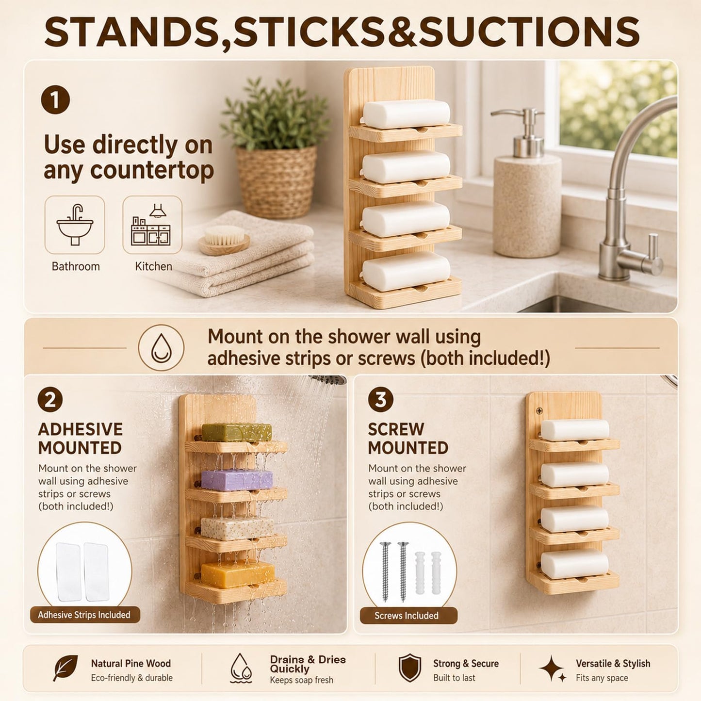 Ferrochef 4 Tier Wooden Soap Holder for Shower, Wall-mountable Soap Dish, Self Draining Bar Storage Organizer, Natural Wooden Bar Rack for Bathroom Counter, Kitchen, Easy Dry Extend Soaps Life
