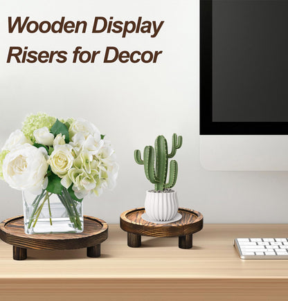 LINGXIANSENG 3 Pcs Wooden Risers for Display, Round Wood Riser Plant Stand 5/6/8" Pedestal Stand, Flower Pot Holder Small Planter Tray for Kitchen Home Décor (Brown)