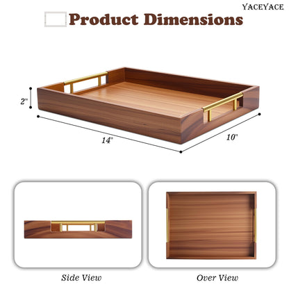 YACEYACE Wooden Serving Tray with Metal Handles, 14" x 9.8" x 1.7" Small Serving Tray for Kitchen Counter, Ottoman Coffee Table, Bathroom, Home Decor