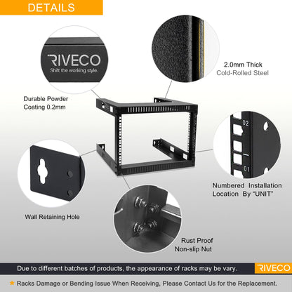 RIVECO 6U 19" Wall Mount Network Rack – 17.7" Deep 2 Post Shelf Open Frame Cabinet Easy Assembly Firm Constructed for Internet/Server/AV/Home Equipment/Patch Panel Heavy Duty Light Weight, Black